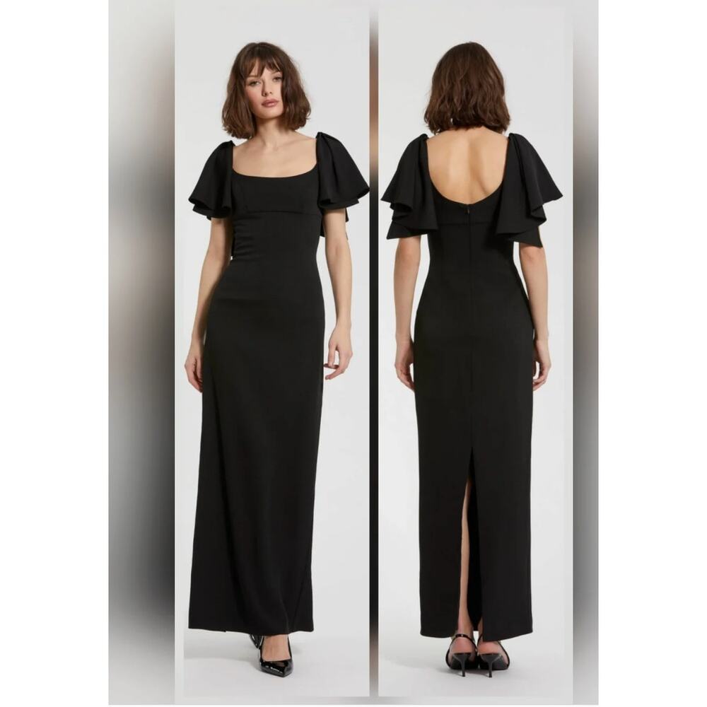 New without Tags Mac Duggal 20962 Black Crepe Flutter Sleeve Maxi Gown Sz 10 - Picture 4 of 16